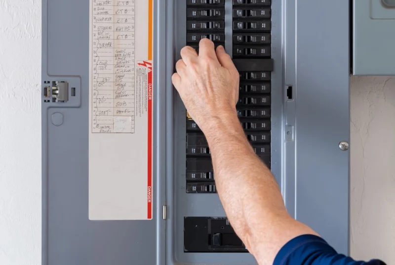 An electrical panel upgrade being installed by a professional technician from Court Electrical Service in a Florida home.